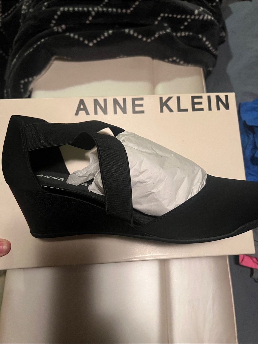 Anne Klein Black Elastic-Strap Wedge Pump